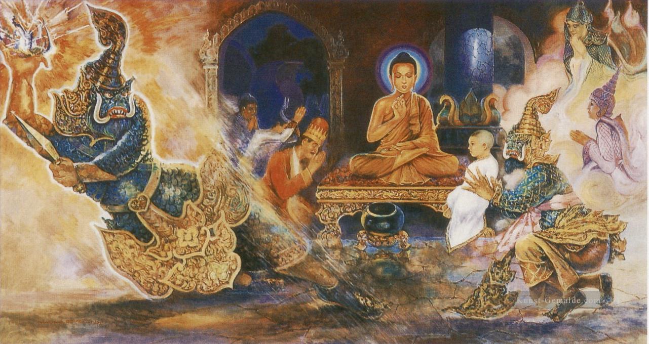 Buddha zähmte einen himmlischen Ogre alavaka, der sich in das dreifache Juwel des Buddhismus flüchtete Ölgemälde